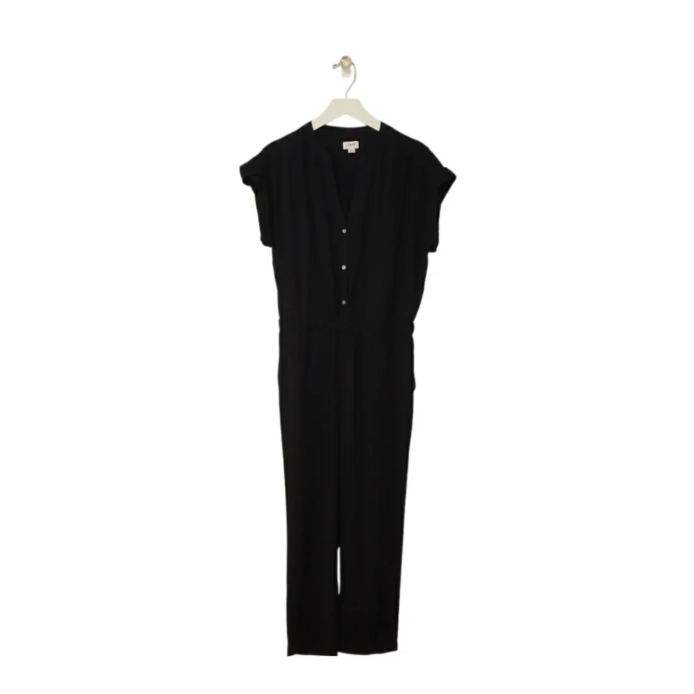 J. Crew Size 8 Black Cuffed Short Sleeve Button Camp-Shirt Jumpsuit with Pockets